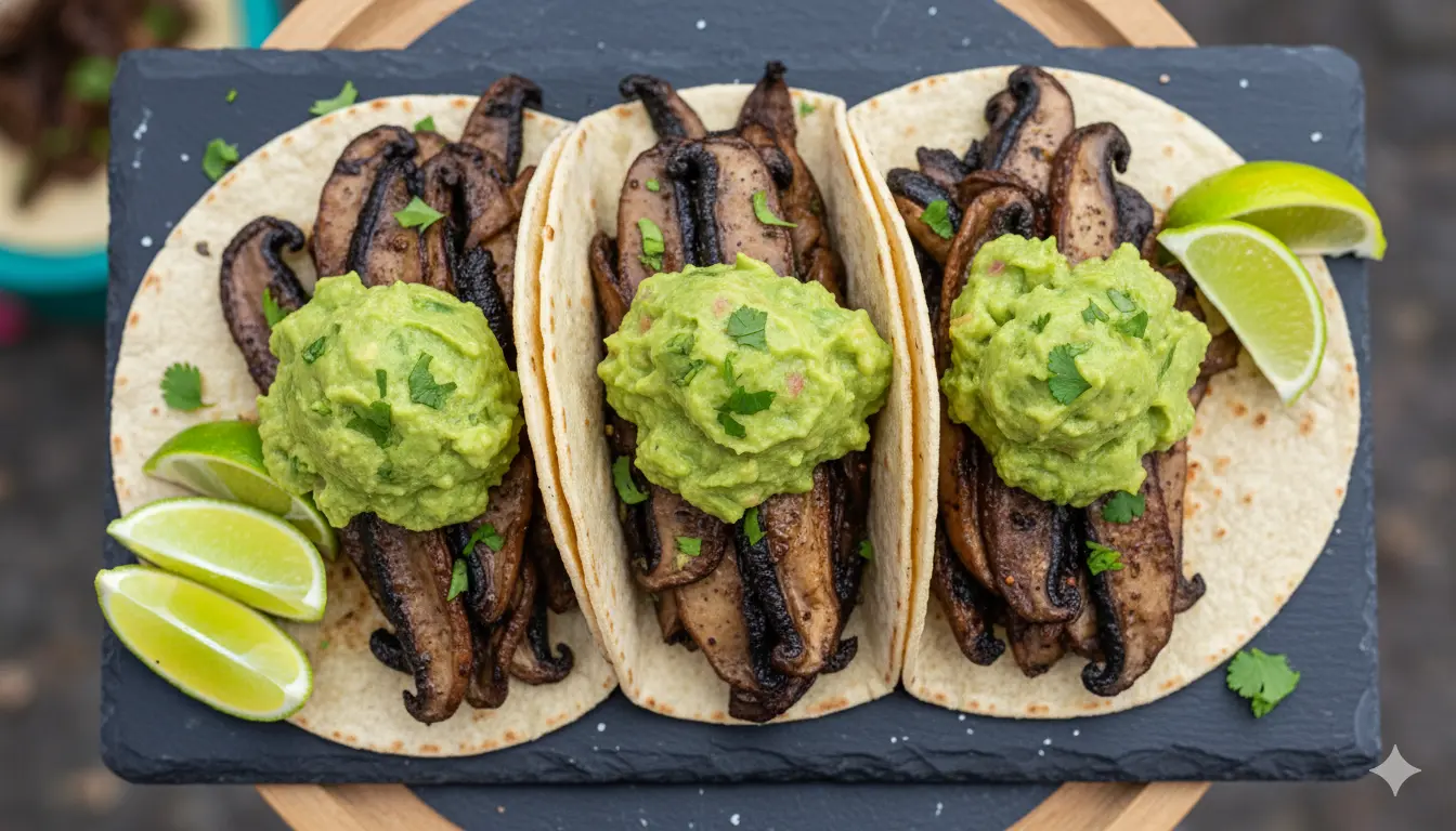Tacos Vegetarianos de Portobello Adobado y Guacamole